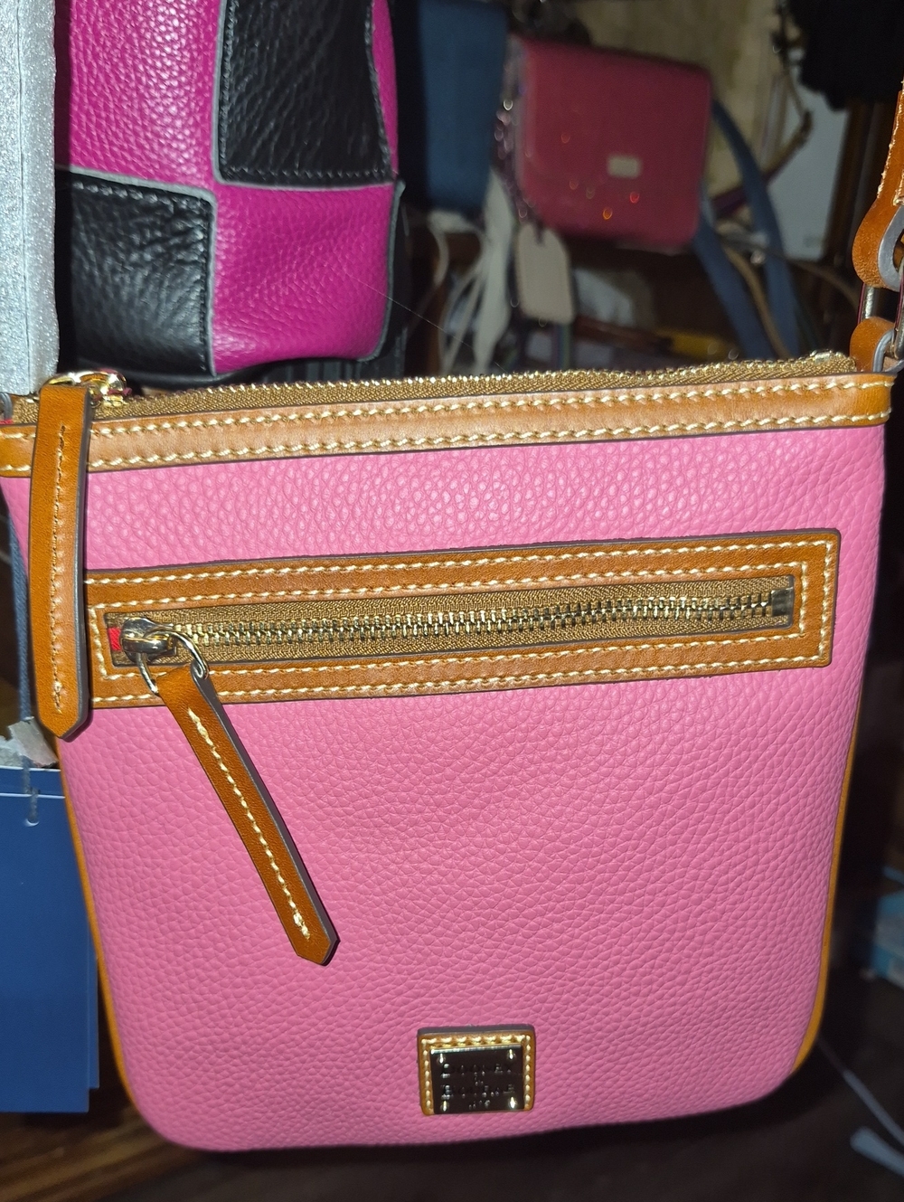 Dooney & Bourke Pink Pebble Leather Crossbody with Tan Trim